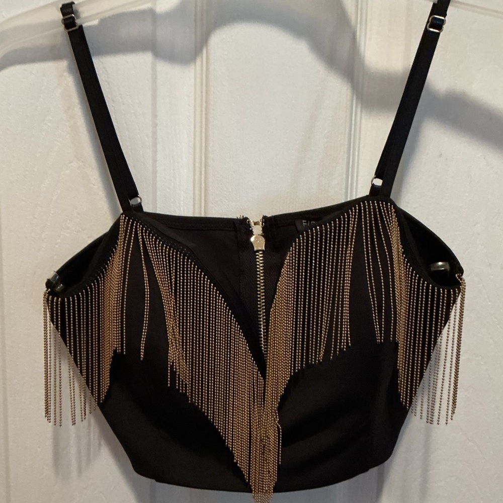 Edgy Gold Chain Fringe Bustier Crop Top